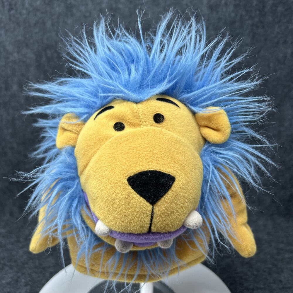 2002 Vintage Manhattan Toy Lion Hand Puppet Blue Mane Yellow Body Moveable Mouth